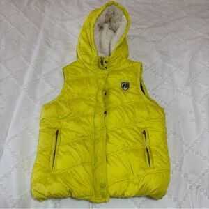 American Eagle Neon Yellow Puffer Vest Faux Fur Lined Hooded Women’s Size M Y2K